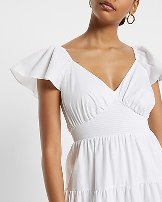 V-Neck Flutter Sleeve Tiered Poplin Maxi Dress