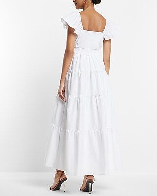 V-Neck Flutter Sleeve Tiered Poplin Maxi Dress