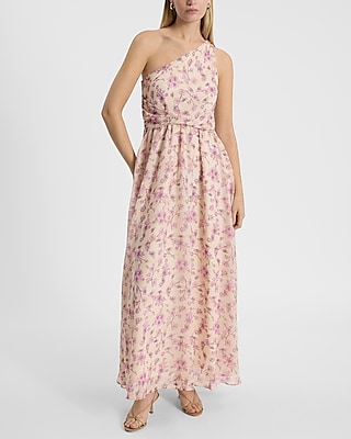 Metallic Floral One Shoulder Pleated Maxi Dress