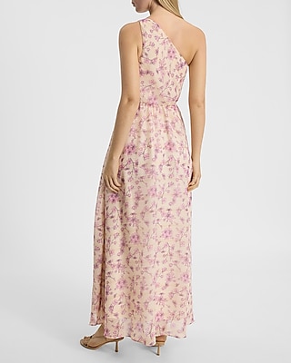 Metallic Floral One Shoulder Pleated Maxi Dress