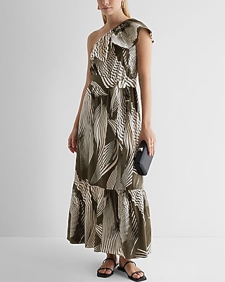 Printed One Shoulder Ruffle Tie Waist Poplin Maxi Dress