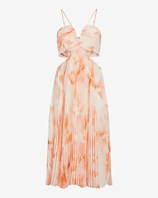 Floral V-neck Pleated Cutout Midi Dress | Express
