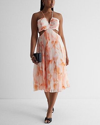 Floral V-neck Pleated Cutout Midi Dress | Express
