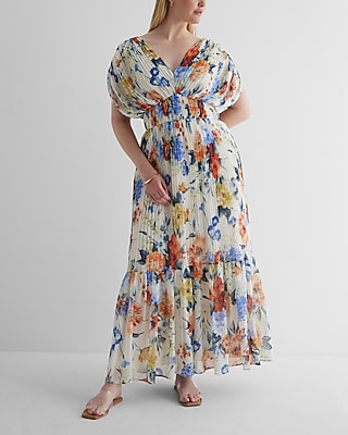 floral draped sleeve pleated maxi dress Cute Blue Floral Pleated Maxi Dress | Trendy Women's Dress