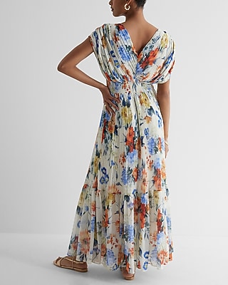 floral draped sleeve pleated maxi dress Floral Draped Sleeve Pleated Maxi Dress
