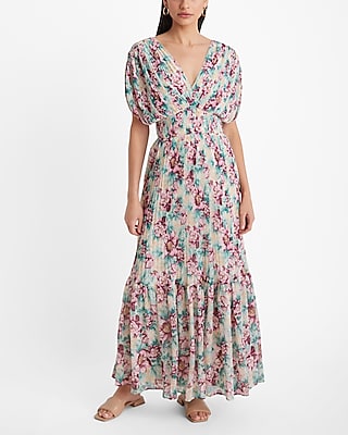 Floral Pleated V-neck Ruched Sleeve Tiered Maxi Dress | Express