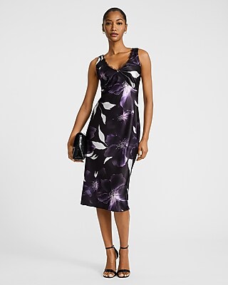 knee length dresses for ladies Coral V Neck Silk Midi Dress