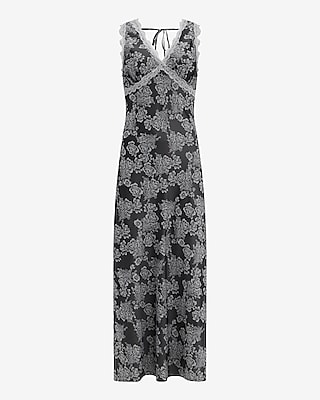 Floral Satin Lace Double V-Neck Maxi Slip Dress