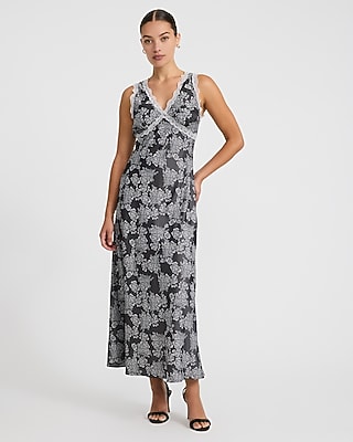 Floral Satin Lace Double V-Neck Maxi Slip Dress