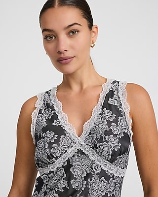 Floral Satin Lace Double V-Neck Maxi Slip Dress