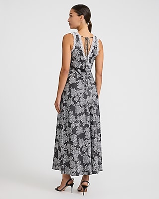 Floral Satin Lace Double V-Neck Maxi Slip Dress