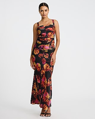 Satin Floral Square Neck Sleeveless Ruched Maxi Dress