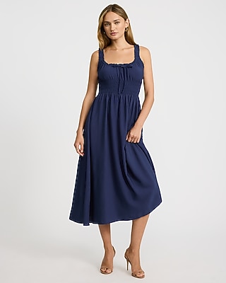 Scoop Neck Ruffle Strap Bow Front Smocked Midi Milkmaid Dress