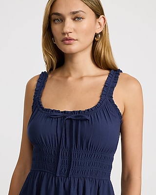 Scoop Neck Ruffle Strap Bow Front Smocked Midi Milkmaid Dress