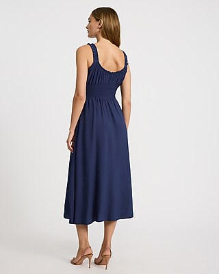 Scoop Neck Ruffle Strap Bow Front Smocked Midi Milkmaid Dress