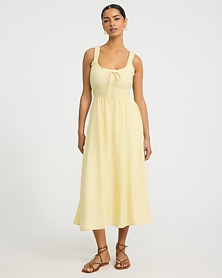Scoop Neck Ruffle Strap Bow Front Smocked Midi Milkmaid Dress | Express