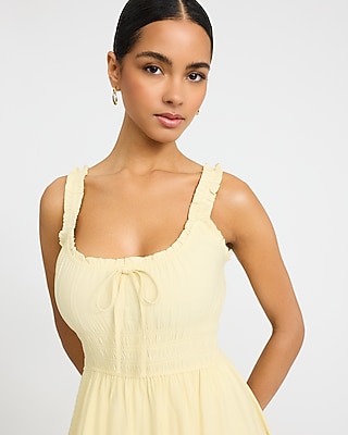 Scoop Neck Ruffle Strap Bow Front Smocked Midi Milkmaid Dress