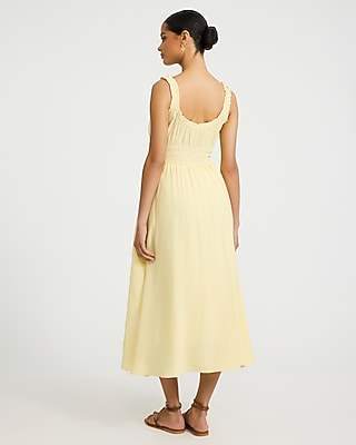 Scoop Neck Ruffle Strap Bow Front Smocked Midi Milkmaid Dress