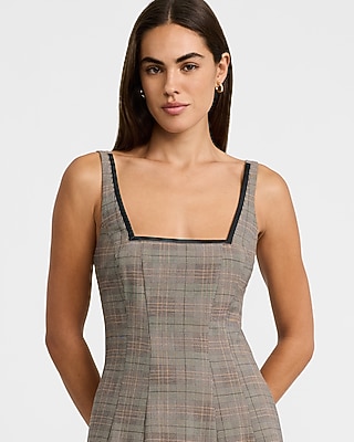 Plaid Tipped Square Neck Seamed Midi Dress with Pockets