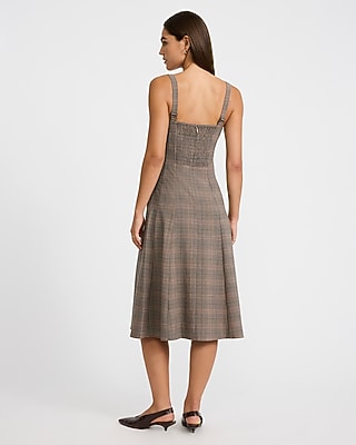 Plaid Tipped Square Neck Seamed Midi Dress with Pockets