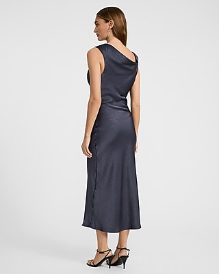 Satin Cowl Neck Hardware Ruched Midi Dress - image 3