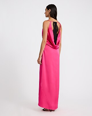 Satin High Neck Draped Lace Back Maxi Dress - thumbnail 6