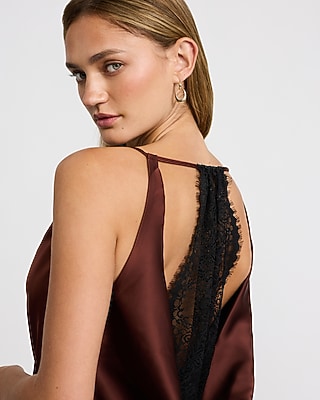 Satin High Neck Draped Lace Back Maxi Dress
