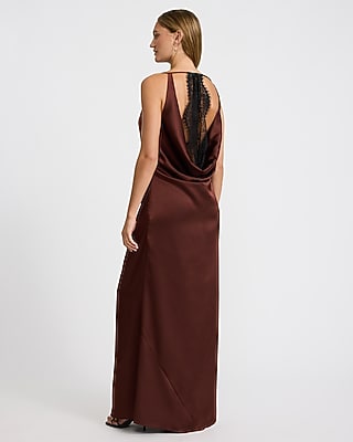 Satin High Neck Draped Lace Back Maxi Dress