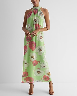 Floral Print Tie Halter Neck Open Back Maxi Dress | Express