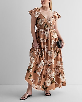 Floral V-Neck Flutter Sleeve Tiered Poplin Maxi Dress