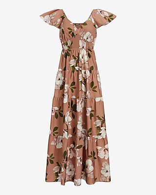 Floral V-Neck Flutter Sleeve Tiered Poplin Maxi Dress