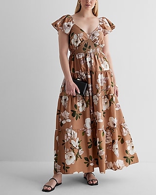 Floral V-Neck Flutter Sleeve Tiered Poplin Maxi Dress