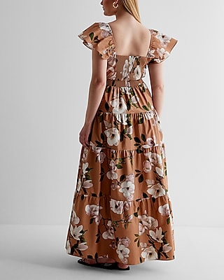 Floral V-Neck Flutter Sleeve Tiered Poplin Maxi Dress