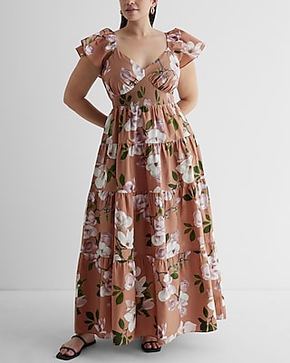 Floral V-Neck Flutter Sleeve Tiered Poplin Maxi Dress