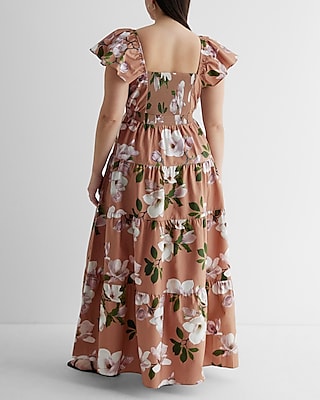 Floral V-Neck Flutter Sleeve Tiered Poplin Maxi Dress