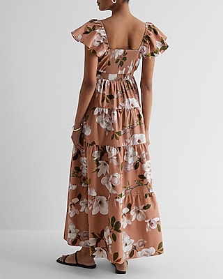 Floral V-Neck Flutter Sleeve Tiered Poplin Maxi Dress