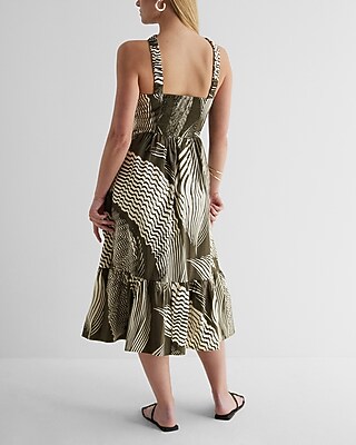 printed tiered halter midi dress Abstract Print Tiered Halter Midi Dress LT. PINK / L