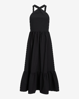Halter Neck Tiered Poplin Midi Dress