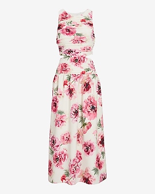 Floral High Neck Pleated Cutout Maxi Dress