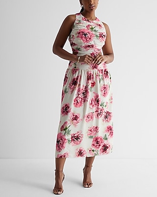 Floral High Neck Pleated Cutout Maxi Dress