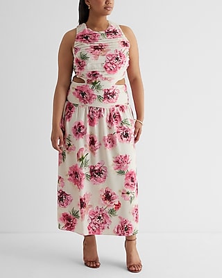 Floral High Neck Pleated Cutout Maxi Dress