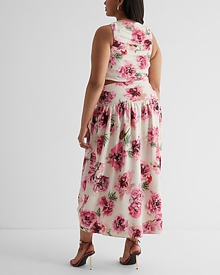 Floral High Neck Pleated Cutout Maxi Dress