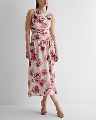 Floral High Neck Pleated Cutout Maxi Dress