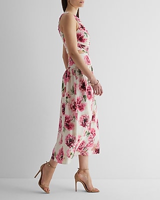 Floral High Neck Pleated Cutout Maxi Dress