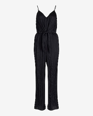 Crinkle Satin V-Neck Sleeveless Tie Front Wide Leg Jumpsuit