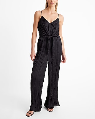 Crinkle Satin V-Neck Sleeveless Tie Front Wide Leg Jumpsuit