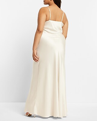 plus size satin slip dress maxi white satin dress plus size Plus Size Faux Fur-Trim Maxi Dress EGRET / 0X