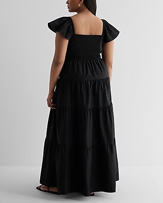 V-neck Flutter Sleeve Tiered Poplin Maxi Dress | Express