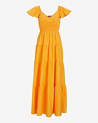V-neck Flutter Sleeve Tiered Poplin Maxi Dress | Express