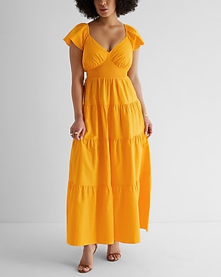 V-neck Flutter Sleeve Tiered Poplin Maxi Dress | Express